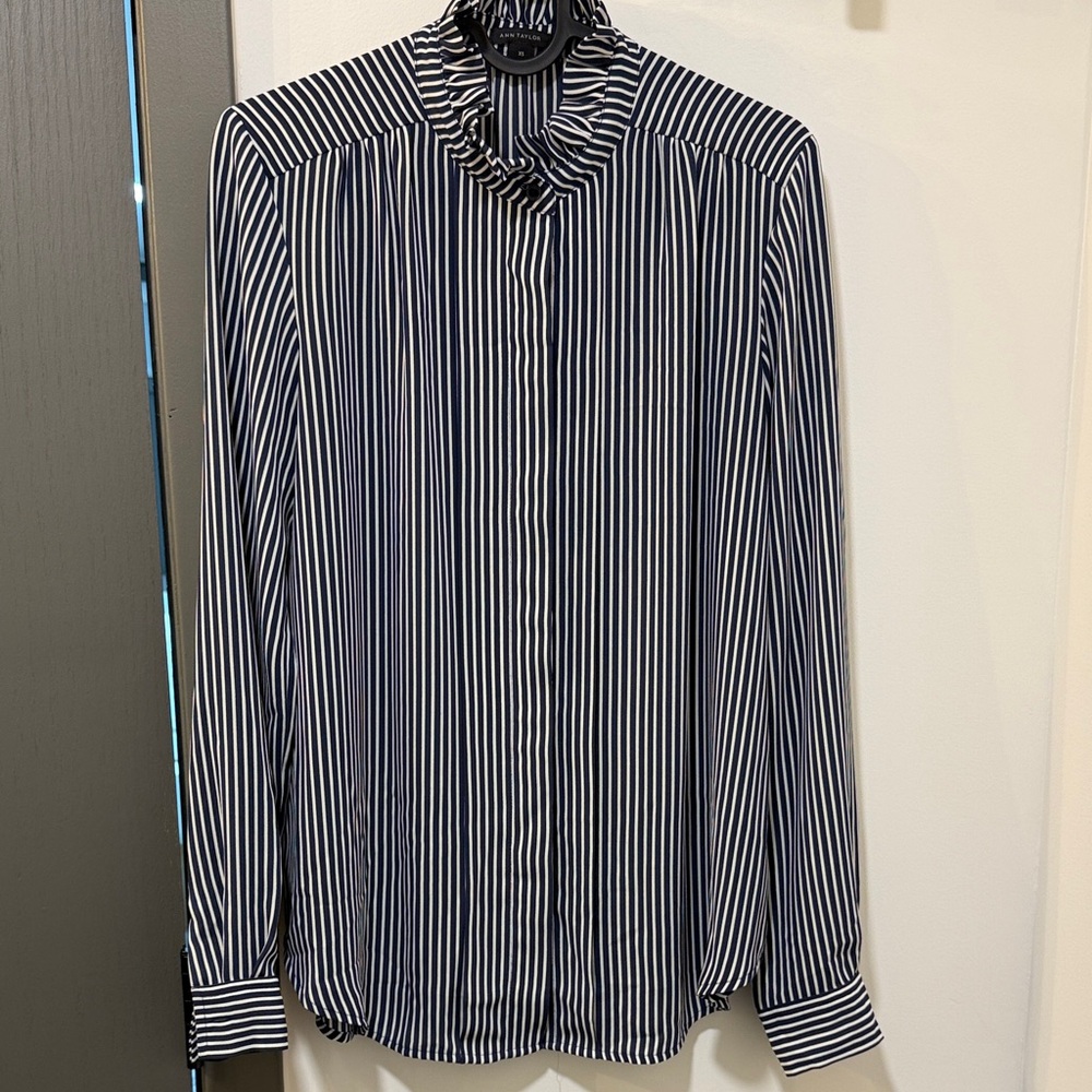 Ann Taylor Striped Navy and White Womens Long-Sleeve Shirt